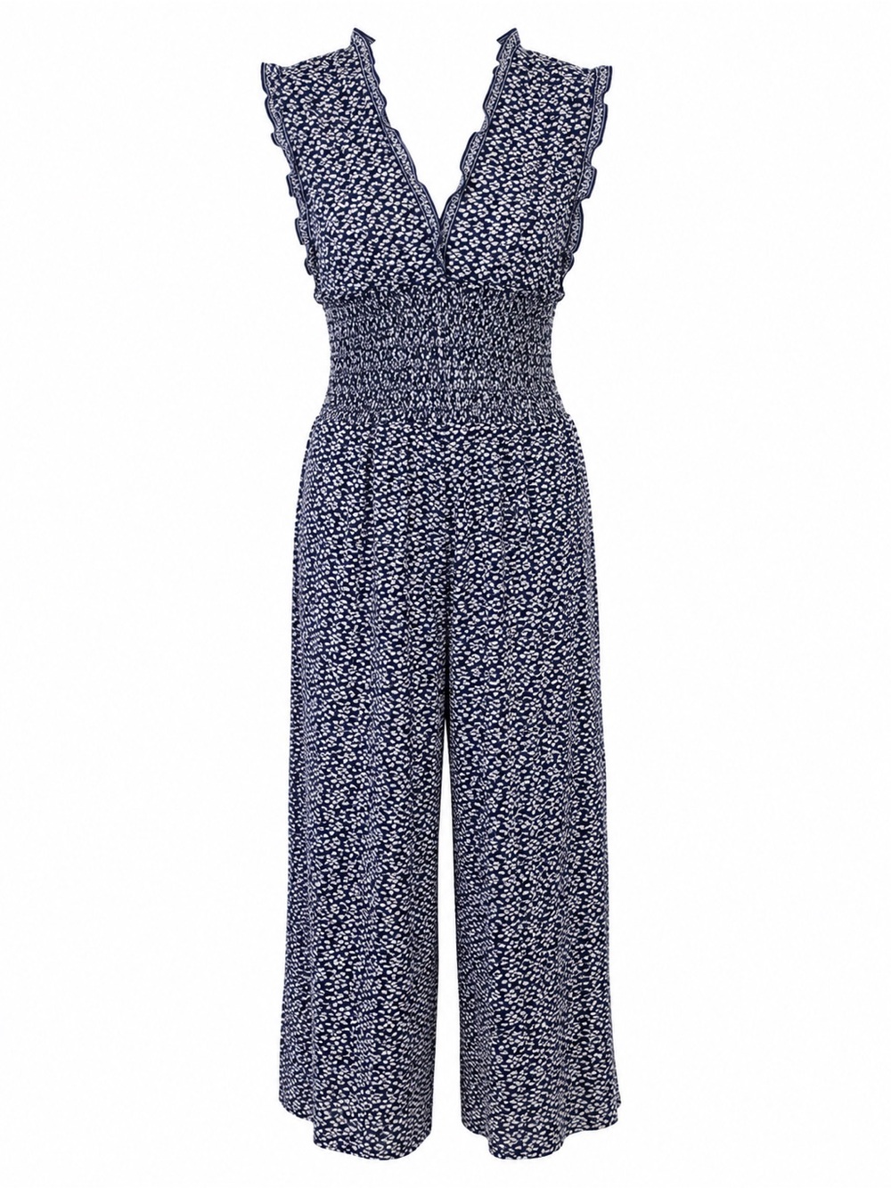 Max Studio NWT Navy White Floral Double V-Neck Smocked Wide Leg Jumpsuit Small‎
